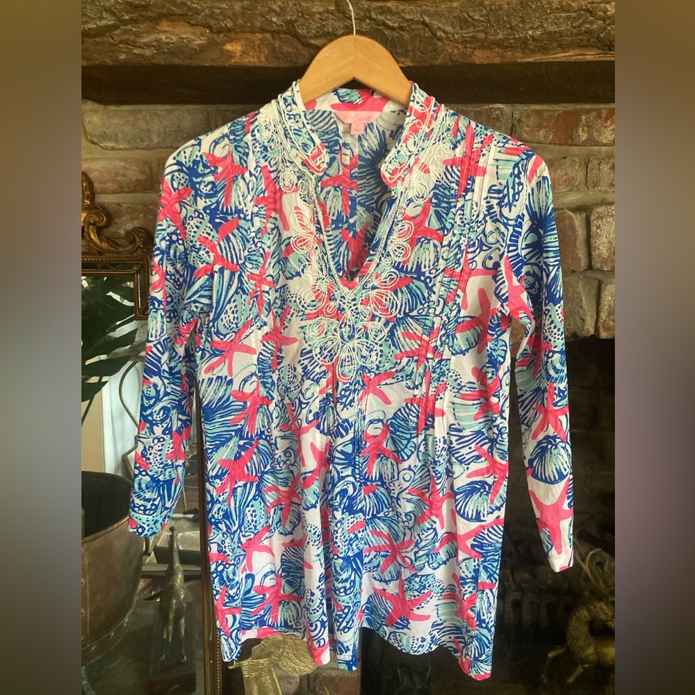 Lilly Pulitzer Sarasota Resort She She Sells Print Starfish Tunic Beaded EUC